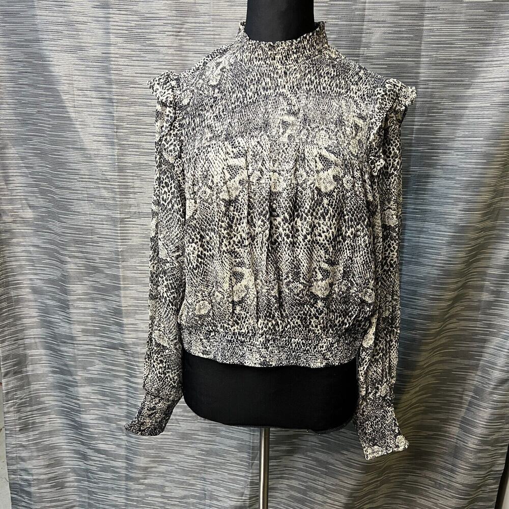 Free People XSmall Roma Crepe Blouse Snakeskin Print Gray Long Sleeve Ruffle